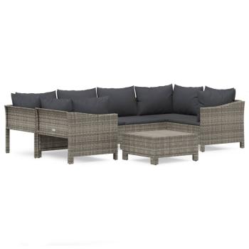 7-tlg. Garten-Lounge-Set mit Kissen Grau Poly Rattan