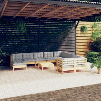 ARDEBO.de - 11-tlg. Garten-Lounge-Set mit Grauen Kissen Kiefernholz