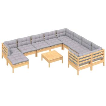 11-tlg. Garten-Lounge-Set mit Grauen Kissen Kiefernholz