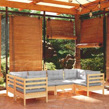 ARDEBO.de - 6-tlg. Garten-Lounge-Set mit Grauen Kissen Kiefernholz