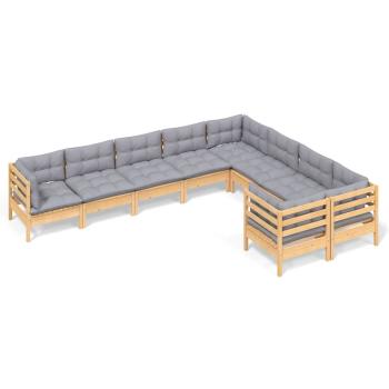9-tlg. Garten-Lounge-Set mit Grauen Kissen Kiefernholz