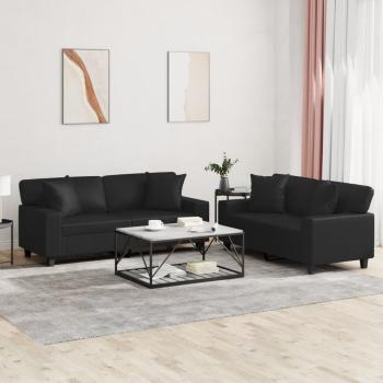 ARDEBO.de - 2-tlg. Sofagarnitur mit Kissen Schwarz Kunstleder