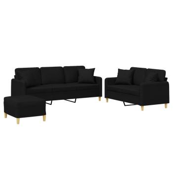 3-tlg. Sofagarnitur mit Kissen Schwarz Stoff