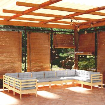 ARDEBO.de - 10-tlg. Garten-Lounge-Set mit Grauen Kissen Kiefernholz