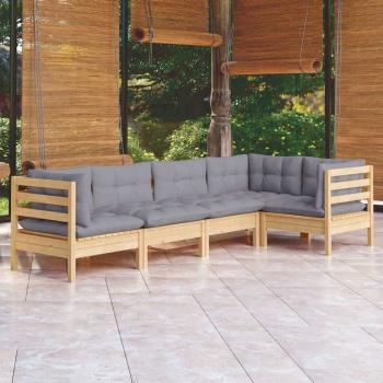 ARDEBO.de - 5-tlg. Garten-Lounge-Set mit Grauen Kissen Kiefernholz