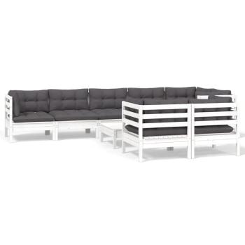 9-tlg. Garten-Lounge-Set mit Kissen Weiß Kiefer Massivholz