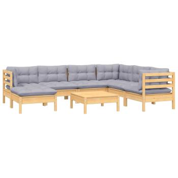8-tlg. Garten-Lounge-Set mit Grauen Kissen Kiefer Massivholz