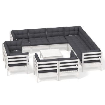 12-tlg. Garten-Lounge-Set mit Kissen Weiß Massivholz Kiefer