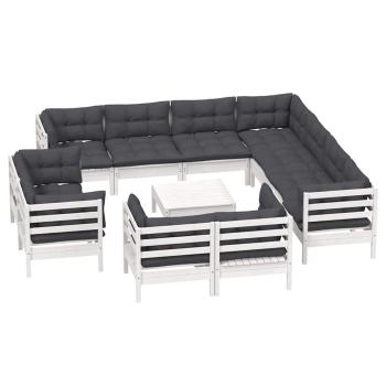 12-tlg. Garten-Lounge-Set mit Kissen Weiß Massivholz Kiefer