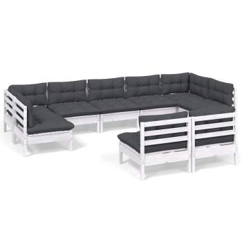 9-tlg. Garten-Lounge-Set mit Kissen Weiß Kiefer Massivholz