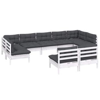 9-tlg. Garten-Lounge-Set mit Kissen Weiß Kiefer Massivholz
