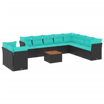 11-tlg. Garten-Sofagarnitur mit Kissen Schwarz Poly Rattan