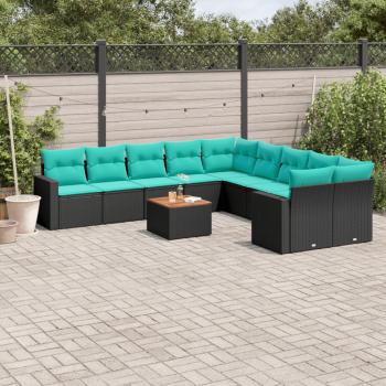 ARDEBO.de - 11-tlg. Garten-Sofagarnitur mit Kissen Schwarz Poly Rattan