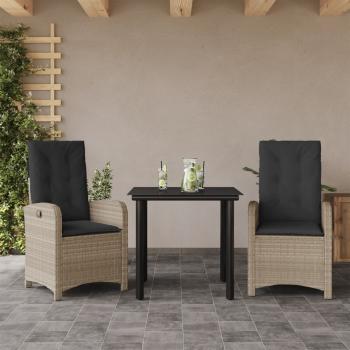 ARDEBO.de - 3-tlg. Garten-Essgruppe mit Kissen Hellgrau Poly Rattan