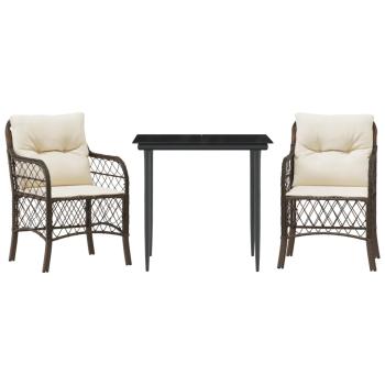 3-tlg. Bistro-Set mit Kissen Braun Poly Rattan