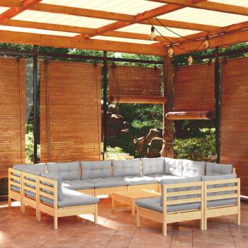 ARDEBO.de - 12-tlg. Garten-Lounge-Set mit Grauen Kissen Kiefer Massivholz