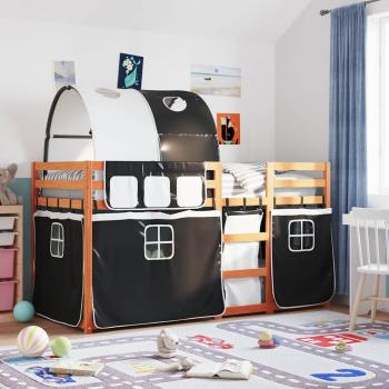 ARDEBO.de - Etagenbett mit Vorhängen Weiß & Schwarz 90x190 cm Kiefernholz