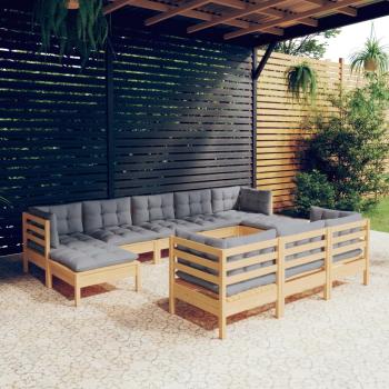 ARDEBO.de - 10-tlg. Garten-Lounge-Set mit Grauen Kissen Kiefer Massivholz
