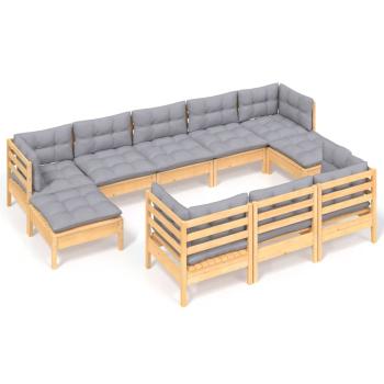 10-tlg. Garten-Lounge-Set mit Grauen Kissen Kiefer Massivholz