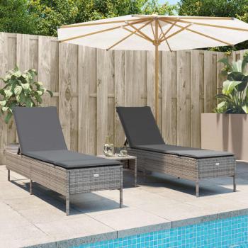 ARDEBO.de - 3-tlg. Sonnenliegen-Set mit Auflage Grau Poly Rattan