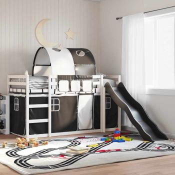 ARDEBO.de - Etagenbett mit Rutsche und Gardinen Weiß und Schwarz 90x200 cm