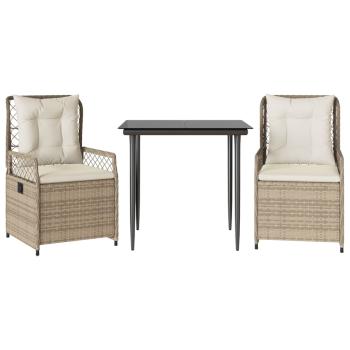 3-tlg. Garten-Essgruppe mit Kissen Beige Poly Rattan