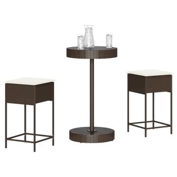 ARDEBO.de - 3-tlg. Gartenbar-Set mit Kissen Braun Poly Rattan