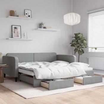 ARDEBO.de - Tagesbett Ausziehbar mit Schubladen Hellgrau 100x190 cm Stoff