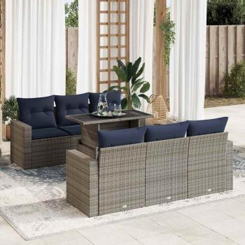 ARDEBO.de - 7-tlg. Garten-Sofagarnitur mit Kissen Grau Poly Rattan Akazie