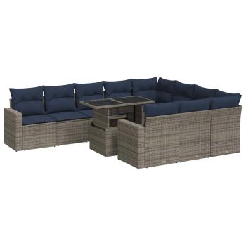 11-tlg. Garten-Sofagarnitur mit Kissen Grau Poly Rattan
