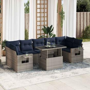 ARDEBO.de - 8-tlg. Garten-Sofagarnitur mit Kissen Grau Poly Rattan
