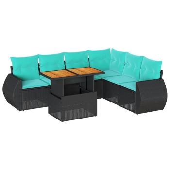7-tlg. Garten-Sofagarnitur mit Kissen Schwarz Poly Rattan