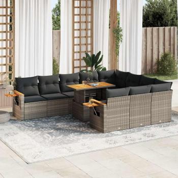 ARDEBO.de - 11-tlg. Garten-Sofagarnitur mit Kissen Grau Poly Rattan Akazie