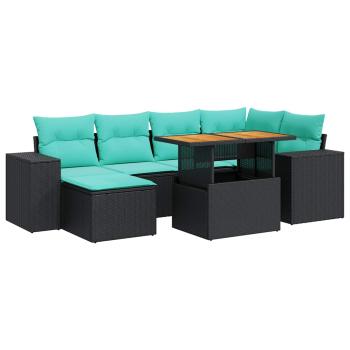 7-tlg. Garten-Sofagarnitur mit Kissen Schwarz Poly Rattan