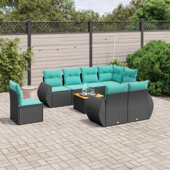 ARDEBO.de - 9-teiliges Gartensofa-Set mit Kissen, schwarzes Polyrattan