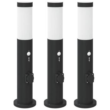 Pollerleuchten mit Sensor&Steckdose 3er 50 cm Edelstahl IP44