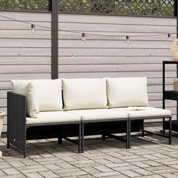 3-tlg. Garten-Sofagarnitur mit Auflagen Schwarz Poly Rattan