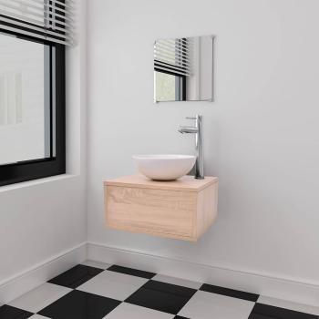 ARDEBO.de - 4-tlg. Badmöbel-Set mit Waschbecken und Wasserhahn Beige