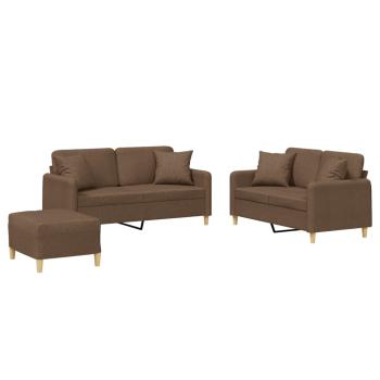 3-tlg. Sofagarnitur mit Kissen Braun Stoff