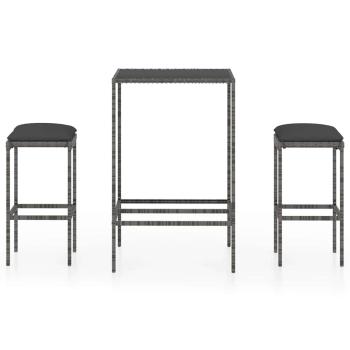 3-tlg. Gartenbar-Set mit Kissen Poly Rattan Grau