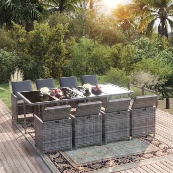ARDEBO.de - 9-tlg. Garten-Essgruppe mit Kissen Poly Rattan Grau