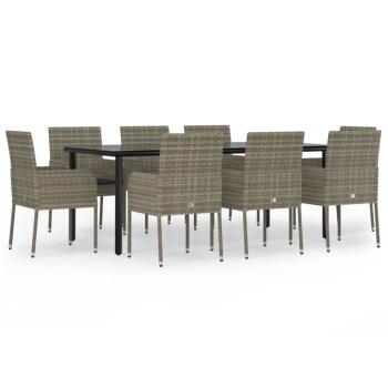 9-tlg. Garten-Essgruppe mit Kissen Schwarz und Grau Poly Rattan