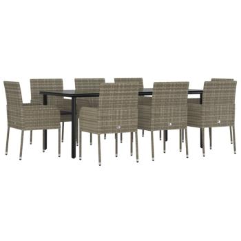 9-tlg. Garten-Essgruppe mit Kissen Schwarz und Grau Poly Rattan