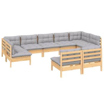 9-tlg. Garten-Lounge-Set mit Grauen Kissen Kiefer Massivholz