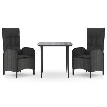 3-tlg. Garten-Essgruppe mit Kissen Schwarz Poly Rattan