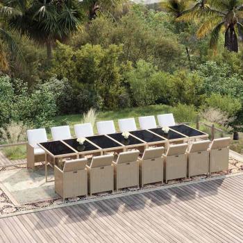 ARDEBO.de - 15-tlg. Garten-Essgruppe mit Kissen Poly Rattan Beige