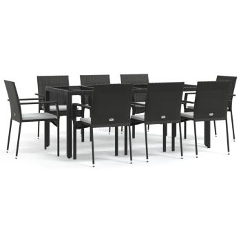 9-tlg. Garten-Essgruppe mit Kissen Schwarz Poly Rattan