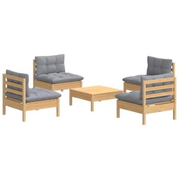 5-tlg. Garten-Lounge-Set mit Grauen Kissen Kiefernholz