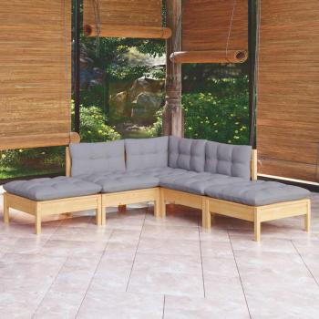 ARDEBO.de - 5-tlg. Garten-Lounge-Set mit Grauen Kissen Kiefernholz