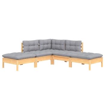 5-tlg. Garten-Lounge-Set mit Grauen Kissen Kiefernholz